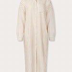 Womens Coconut Stripe Sapodilla Linen Shirt Dress by love brand & co. Brown and white linen dress with front left pocket and long sleeves.