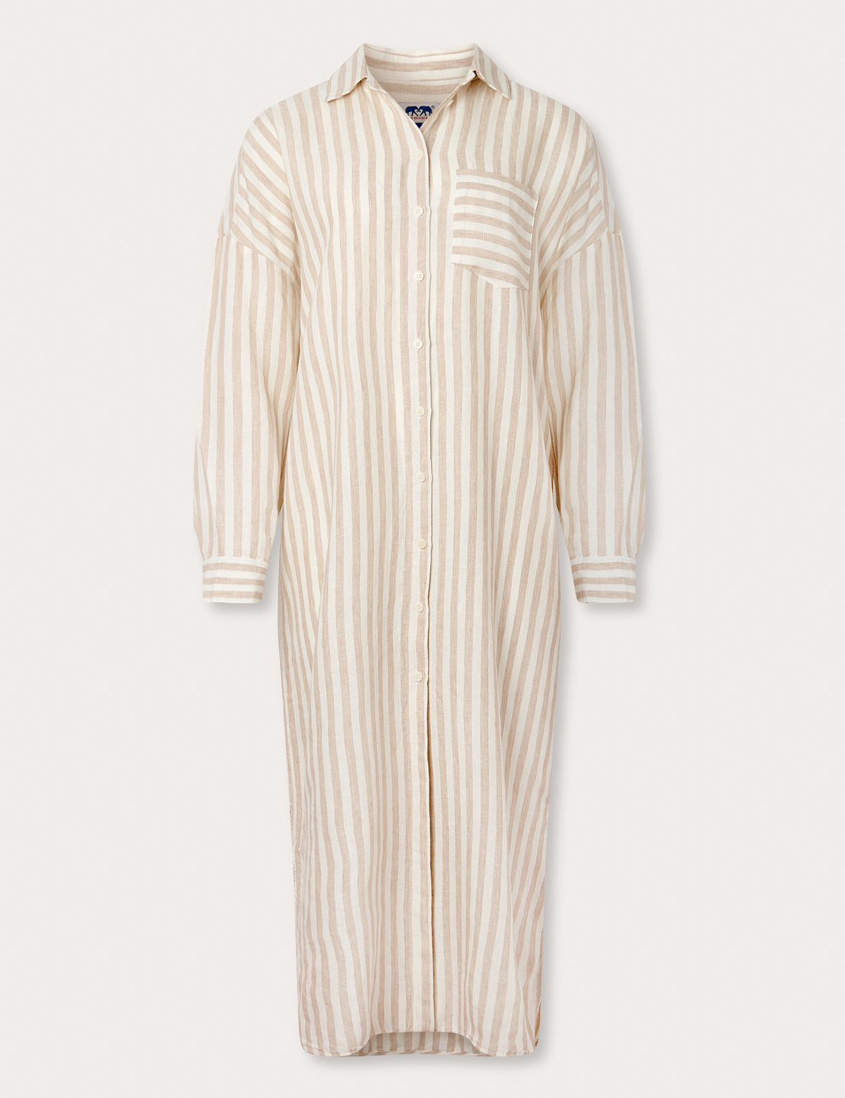 Womens Coconut Stripe Sapodilla Linen Shirt Dress by love brand & co. Brown and white linen dress with front left pocket and long sleeves.