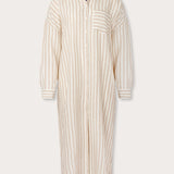 Womens Coconut Stripe Sapodilla Linen Shirt Dress by love brand & co. Brown and white linen dress with front left pocket and long sleeves.