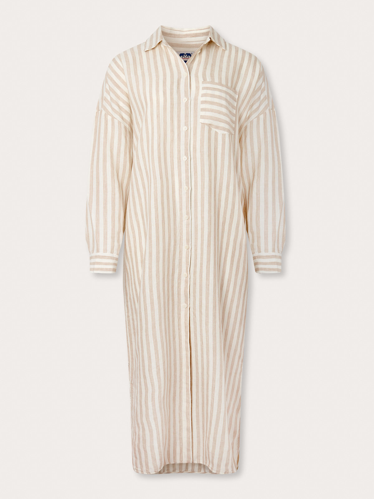 Womens Coconut Stripe Sapodilla Linen Shirt Dress by love brand & co. Brown and white linen dress with front left pocket and long sleeves.