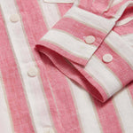 Womens Strawberries & Cream Inagua Linen Shirt by love brand & co. Pink and white striped patterned long-sleeved button-up shirt with front pocket.