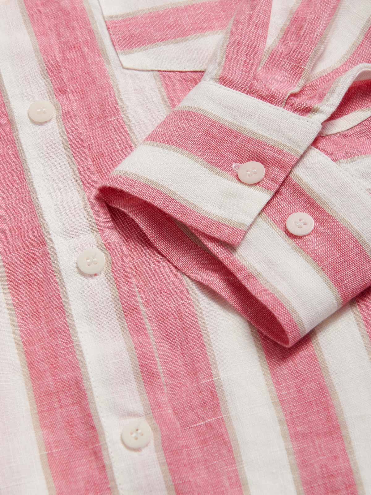 Womens Strawberries & Cream Inagua Linen Shirt by love brand & co. Pink and white striped patterned long-sleeved button-up shirt with front pocket.