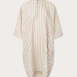 Womens Coconut Stripe Jumento Linen Poncho front view. brown and white striped pattern on short sleeved, half-button up shirt dress poncho. 