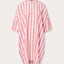 Front view of Womens Strawberries & Cream Jumento Linen Poncho. Half-button up, short-sleeved linen poncho in a white and pink striped pattern.