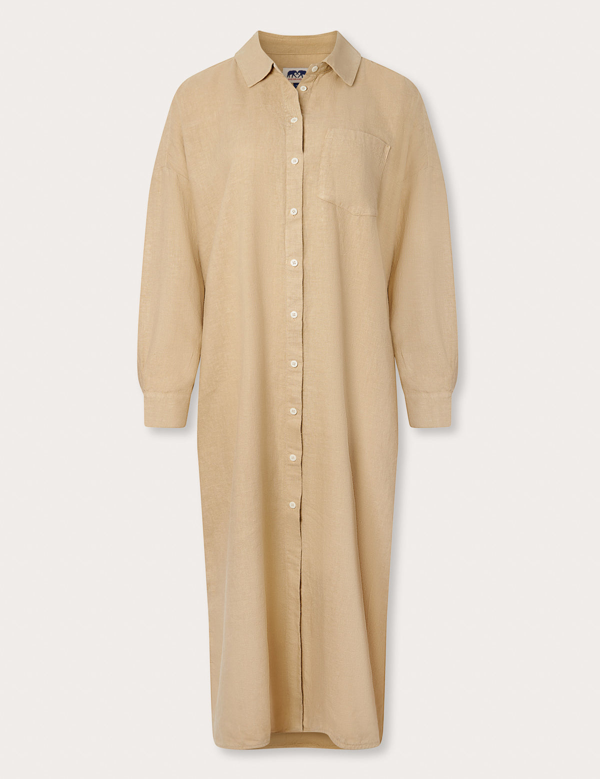 brown long midaxi linen shirt dress with long sleeves and a front pocket.