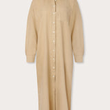 brown long midaxi linen shirt dress with long sleeves and a front pocket.