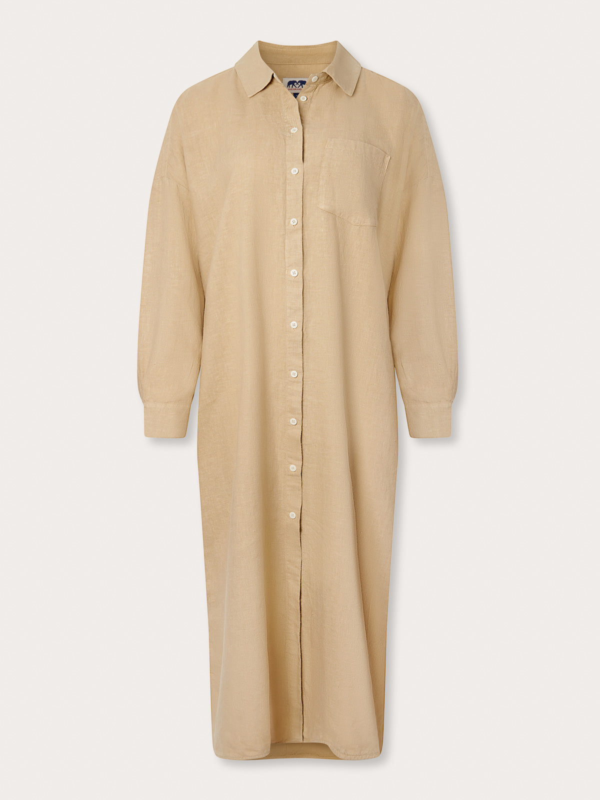 brown long midaxi linen shirt dress with long sleeves and a front pocket.