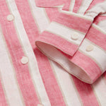 detailed view of the cuff of Womens Strawberries & Cream Sapodilla Linen Shirt Dress. Pink and white striped dress with long sleeves, a front pocket and button up design.