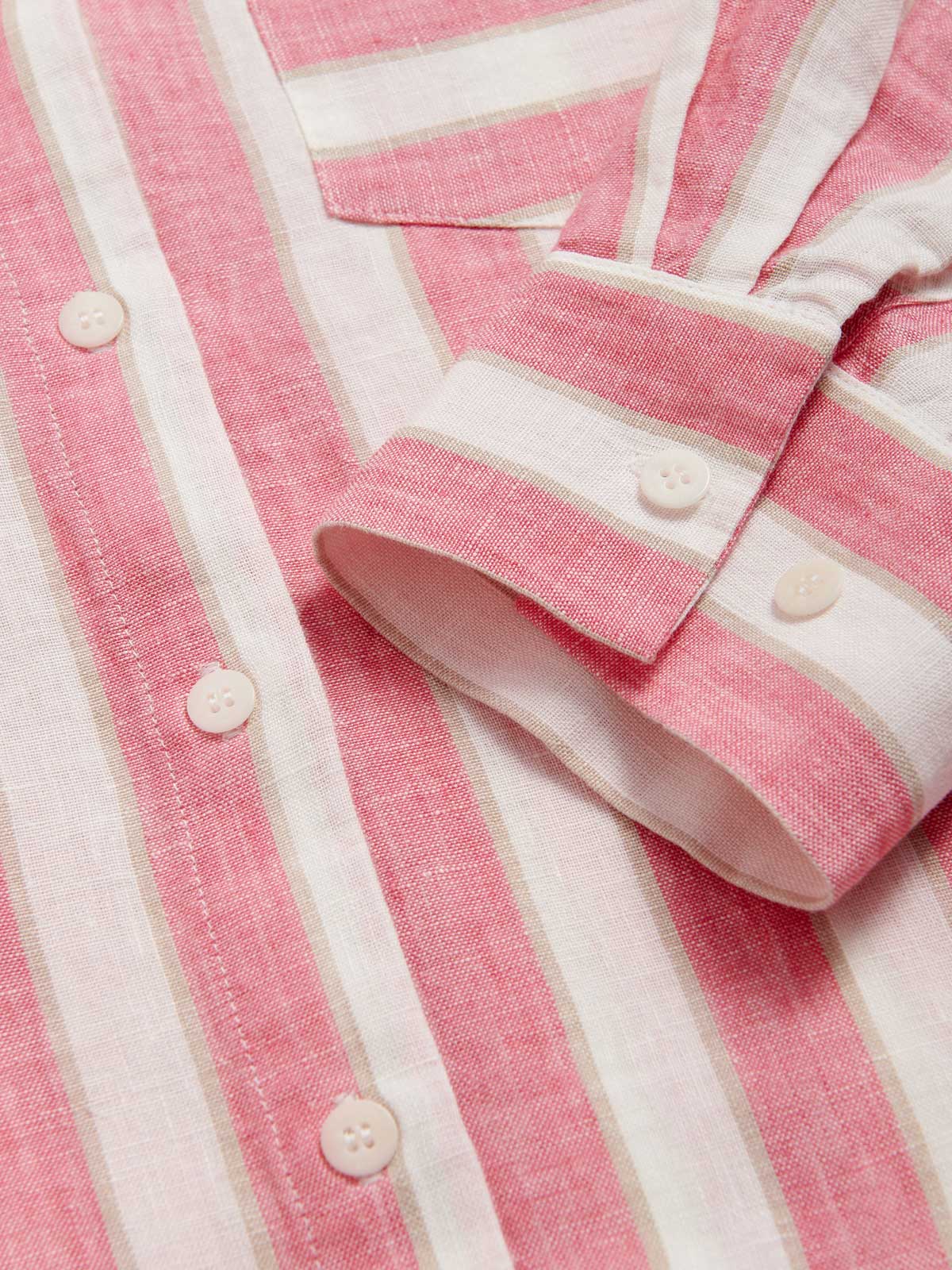 detailed view of the cuff of Womens Strawberries & Cream Sapodilla Linen Shirt Dress. Pink and white striped dress with long sleeves, a front pocket and button up design.