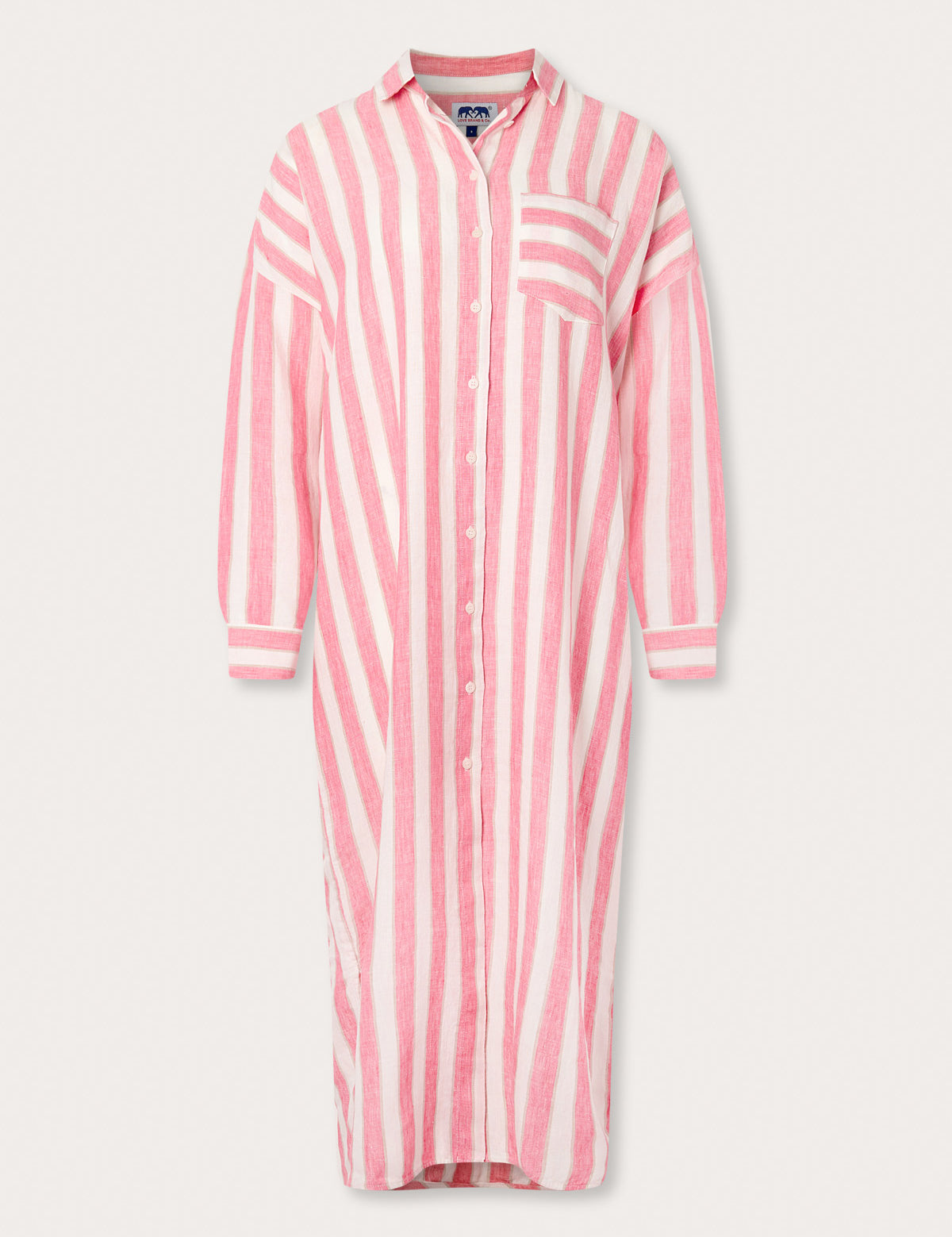 front view of Womens Strawberries & Cream Sapodilla Linen Shirt Dress. Pink and white striped dress with long sleeves, a front pocket and button up design.