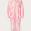 front view of Womens Strawberries & Cream Sapodilla Linen Shirt Dress. Pink and white striped dress with long sleeves, a front pocket and button up design.