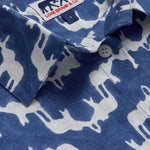 Close-up view of Womens Elephant Palace Blue Inagua Linen Shirt. Long-sleeved button-up linen shirt with front pocket. Blue and white shirt in our bestselling elephant palace blue print.