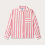 Womens Strawberries & Cream Inagua Linen Shirt by love brand & co. Pink and white striped patterned long-sleeved button-up shirt.