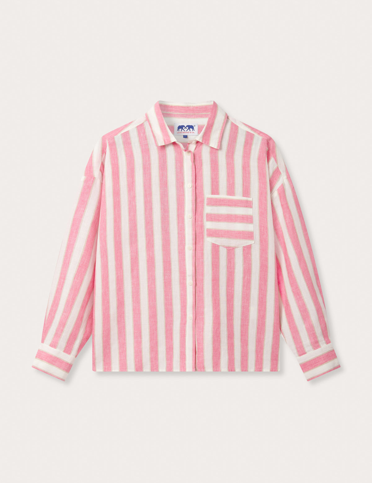 Womens Strawberries & Cream Inagua Linen Shirt by love brand & co. Pink and white striped patterned long-sleeved button-up shirt.