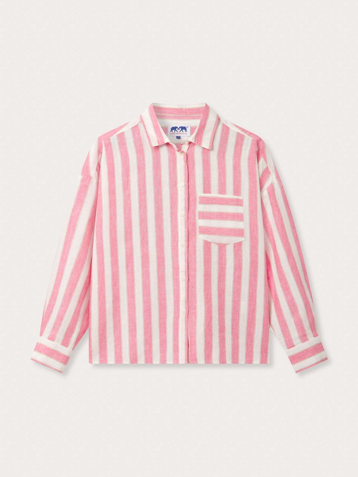 Womens Strawberries & Cream Inagua Linen Shirt by love brand & co. Pink and white striped patterned long-sleeved button-up shirt.