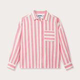 Womens Strawberries & Cream Inagua Linen Shirt by love brand & co. Pink and white striped patterned long-sleeved button-up shirt.