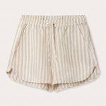 front view of Womens Coconut Stripe Musha Linen Shorts. Brown and white linen shorts with a drawstring tie and elastic waist.