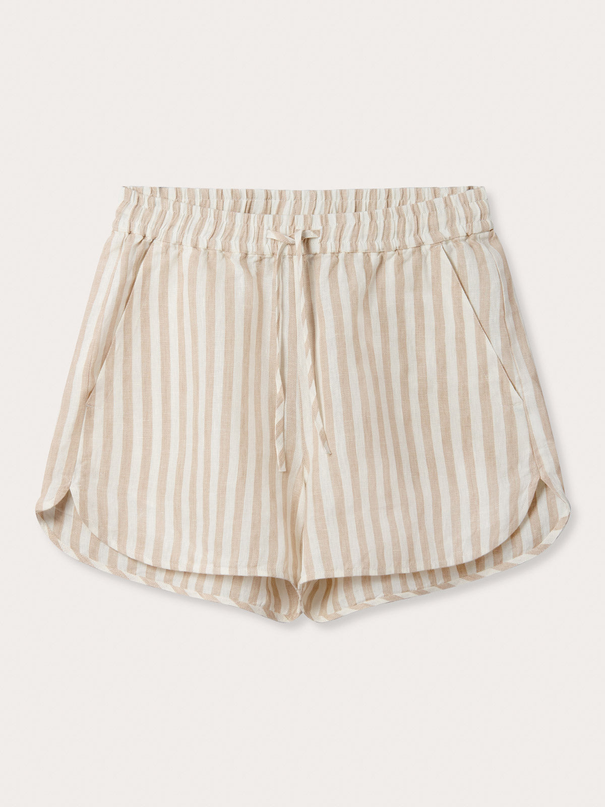 front view of Womens Coconut Stripe Musha Linen Shorts. Brown and white linen shorts with a drawstring tie and elastic waist.