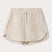 front view of Womens Coconut Stripe Musha Linen Shorts. Brown and white linen shorts with a drawstring tie and elastic waist.