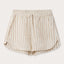 front view of Womens Coconut Stripe Musha Linen Shorts. Brown and white linen shorts with a drawstring tie and elastic waist.