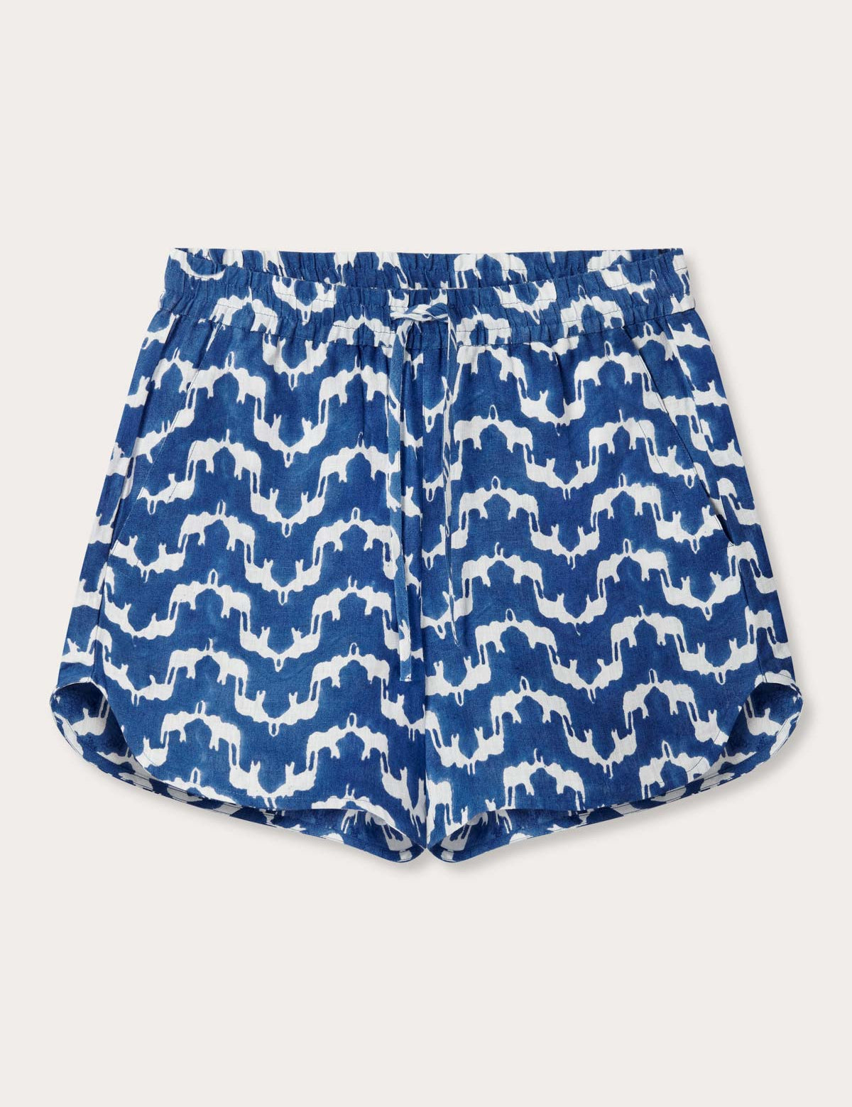 Front view of Womens Elephant Palace Blue Musha Linen Shorts. 100% linen shorts for women with elastic waist and drawstring tie and 2 handy front pockets.