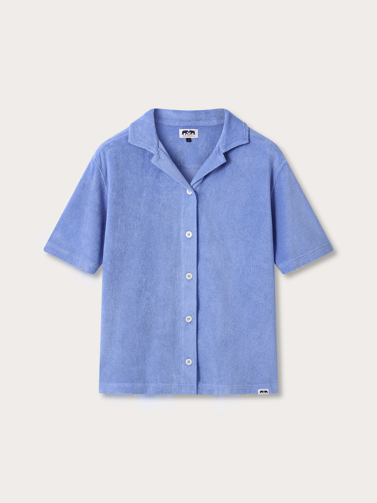 Blue short-sleeve shirt on a light grey background