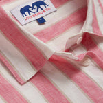 Womens Strawberries & Cream Inagua Linen Shirt by love brand & co. Close-up view of pink and white striped patterned long-sleeved button-up shirt.