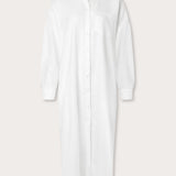 Front view of Womens White Sapodilla Linen Shirt Dress. Long sleeve, button-up midaxi dress with front pocket made from 100% linen.