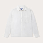 Womens White Inagua Linen Shirt. Long-sleeved button-up plain linen shirt with front pocket.