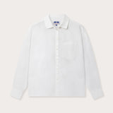 Womens White Inagua Linen Shirt. Long-sleeved button-up plain linen shirt with front pocket.