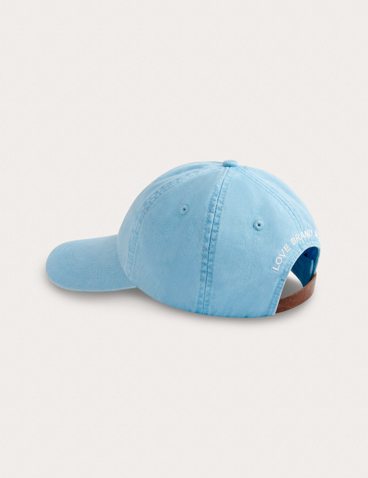 Back view of sky blue baseball cap by love brand 