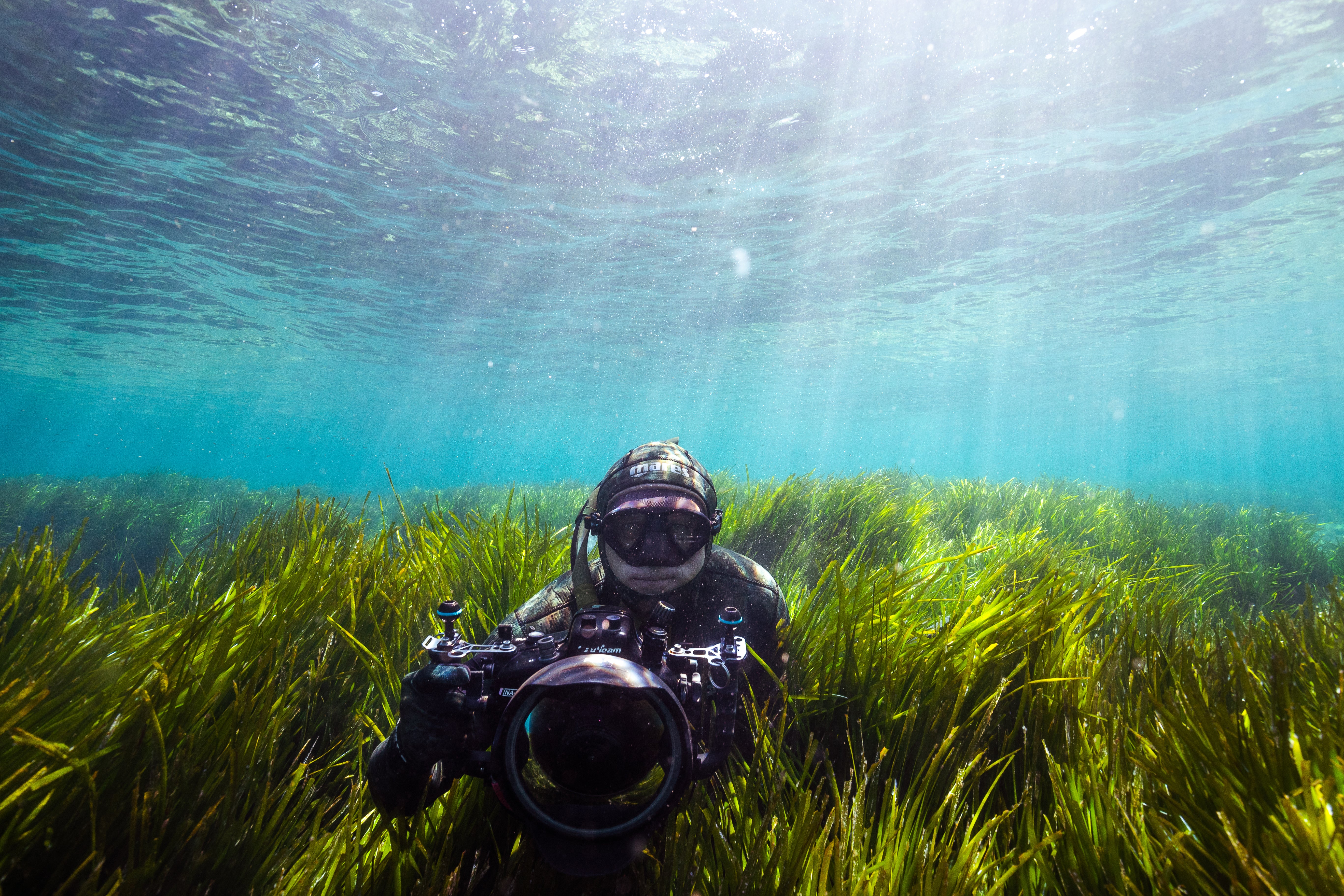 Person underwater holding a camera amidst green seagrass for resort wear brand love brand.