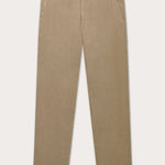 Front view of Men's Coconut Randall Linen Trousers. Beige linen trousers for men featuring 2 front pockets and a waist band which fastens with a corozo nut button.