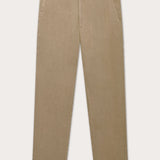 Front view of Men's Coconut Randall Linen Trousers. Beige linen trousers for men featuring 2 front pockets and a waist band which fastens with a corozo nut button.