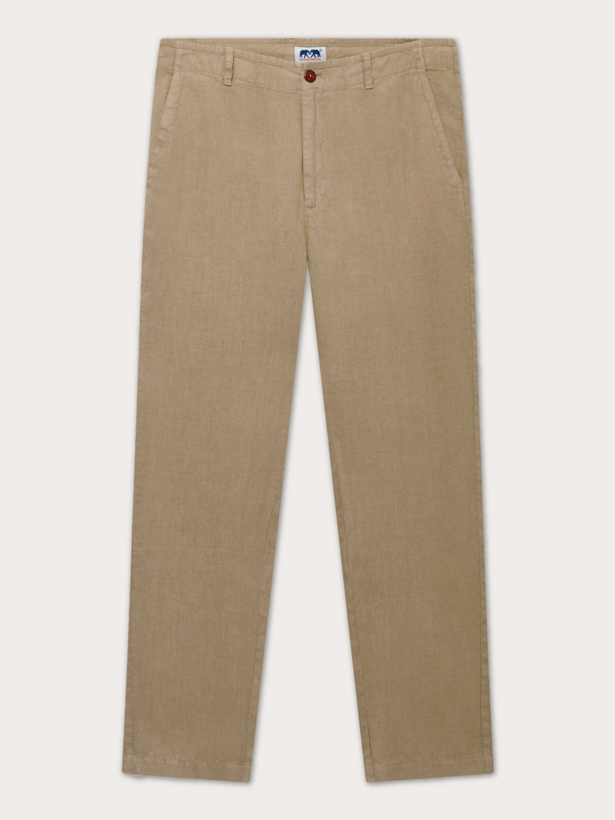 Front view of Men's Coconut Randall Linen Trousers. Beige linen trousers for men featuring 2 front pockets and a waist band which fastens with a corozo nut button.