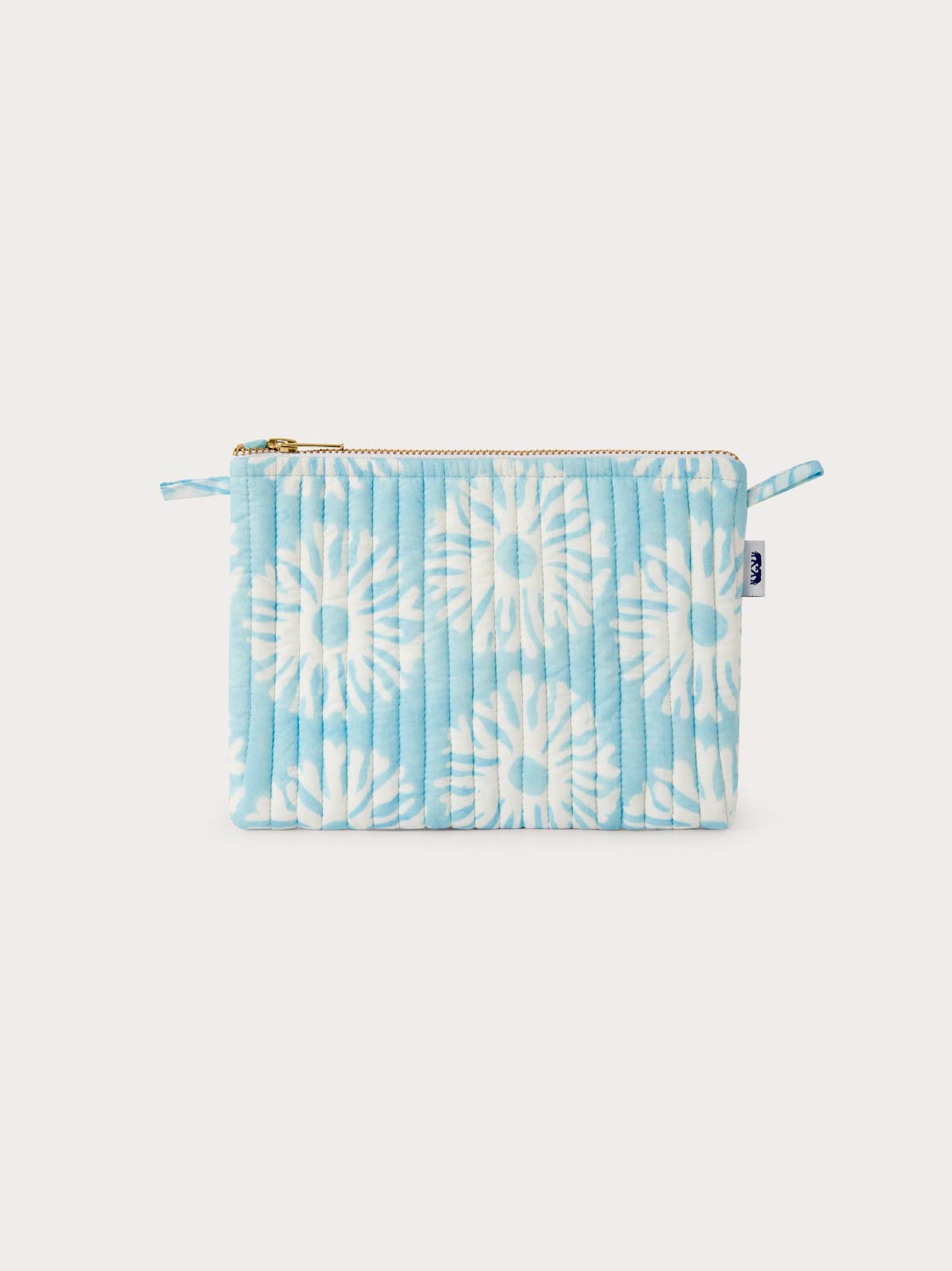 Quilted pouch with blue coral pattern on a light grey background.