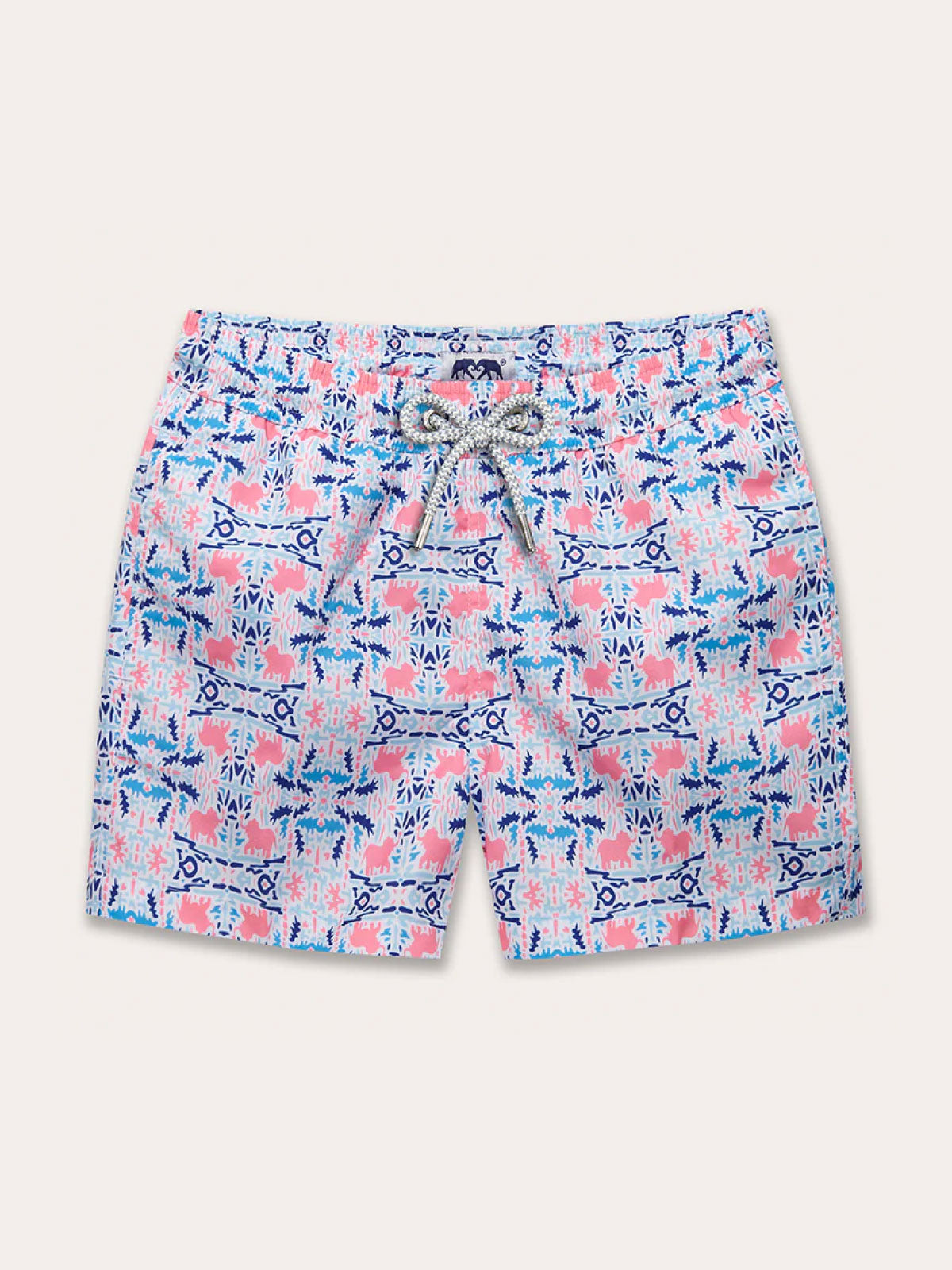Boys Elephant Daze Staniel Swim Shorts in calming blue and pink elephant pattern, made from quick-dry recycled material.