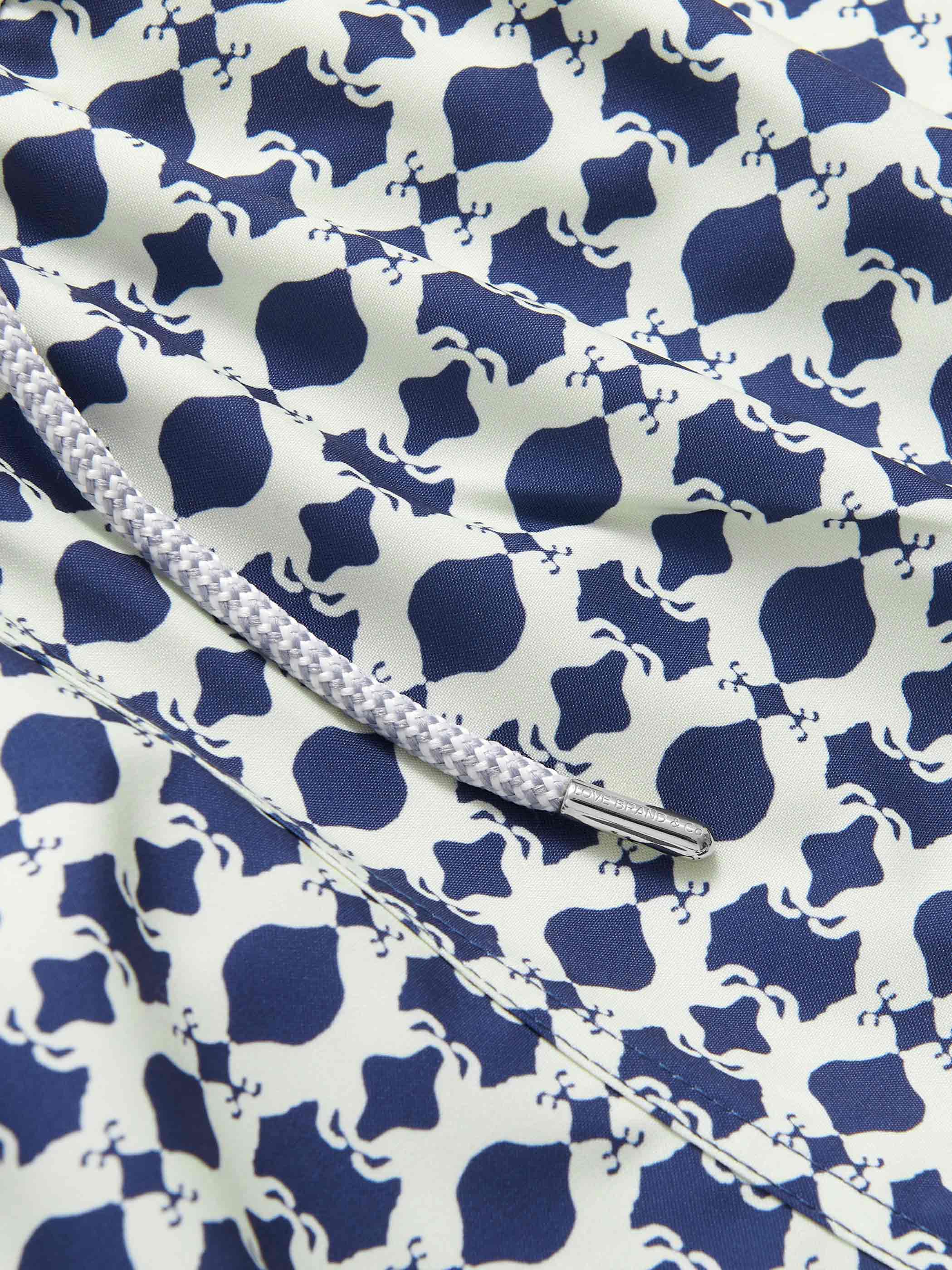 Detailed view of Boys Eye of the Tiger Staniel Swim Shorts featuring Sumatran Tigers hidden amongst a geometric print in stone and Chambray Blue.