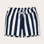 Boys Navy Candy Stripe Staniel Swim Shorts, 100% recycled quick-dry fabric, vintage 1950s candy stripe design.