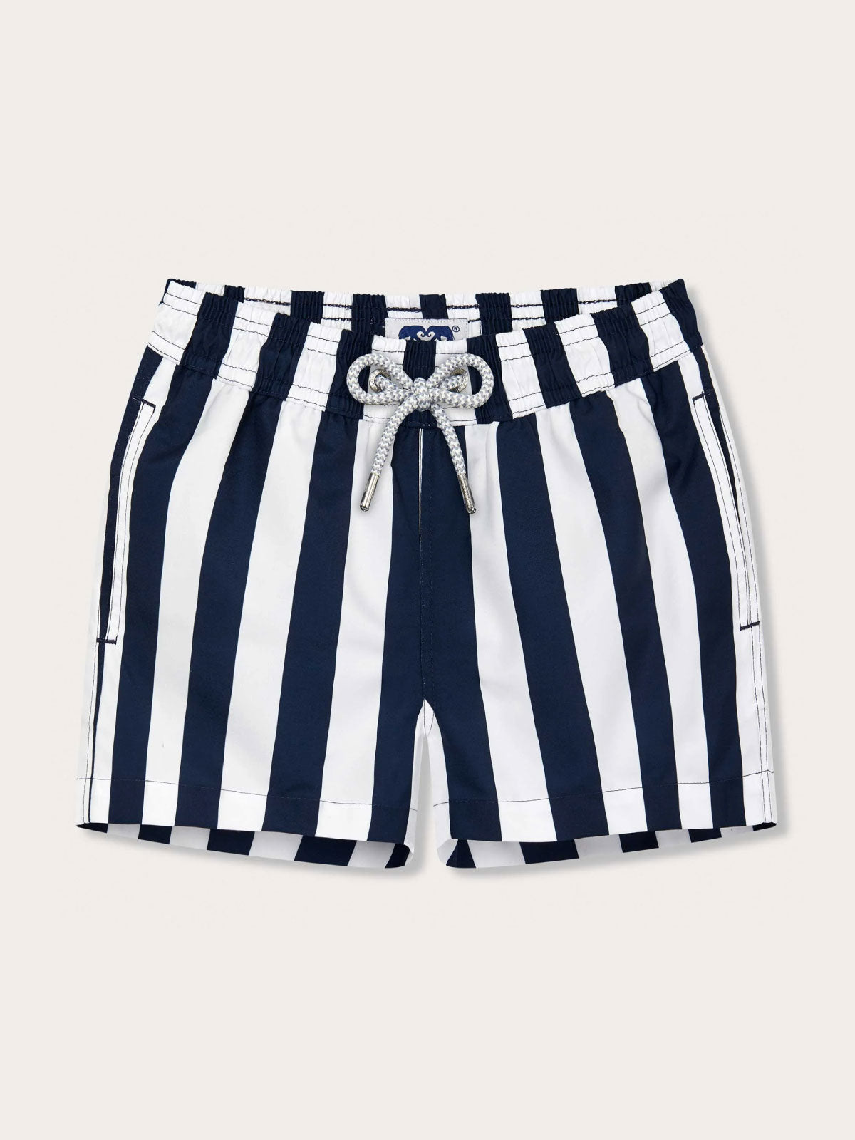 Boys Navy Candy Stripe Staniel Swim Shorts, 100% recycled quick-dry fabric, vintage 1950s candy stripe design.