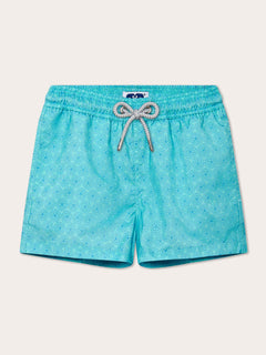 Boys Sand Dollar Staniel Swim Shorts in turquoise color with an intricate pattern, made from 100% recycled plastic, featuring a comfortable and quick-drying design.