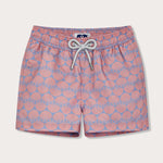 Boys Sea Scallops Staniel Swim Shorts with geometric pastel pink and blue scallop print, 100% recycled material.