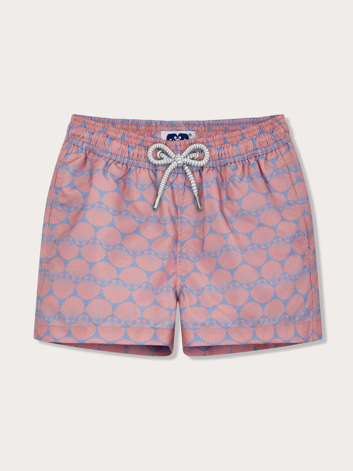 Boys Sea Scallops Staniel Swim Shorts with geometric pastel pink and blue scallop print, 100% recycled material.