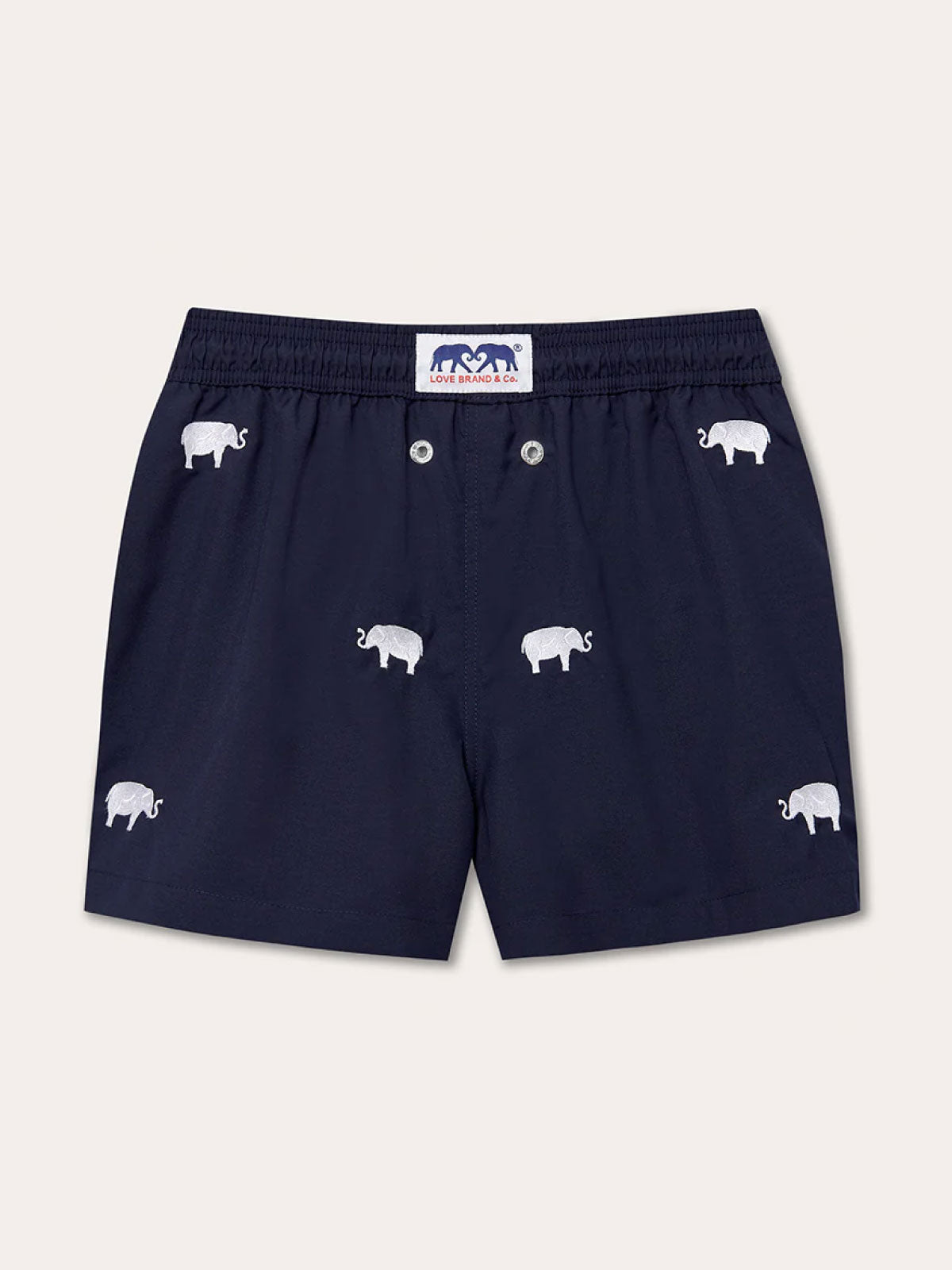 Boys navy swim shorts with white embroidered elephant motifs, designed in collaboration with Harrods, made from soft quick-dry recycled material.