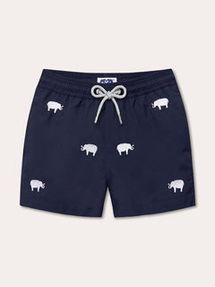 Boys navy blue swim shorts with white embroidered elephants, featuring a drawstring waistband.