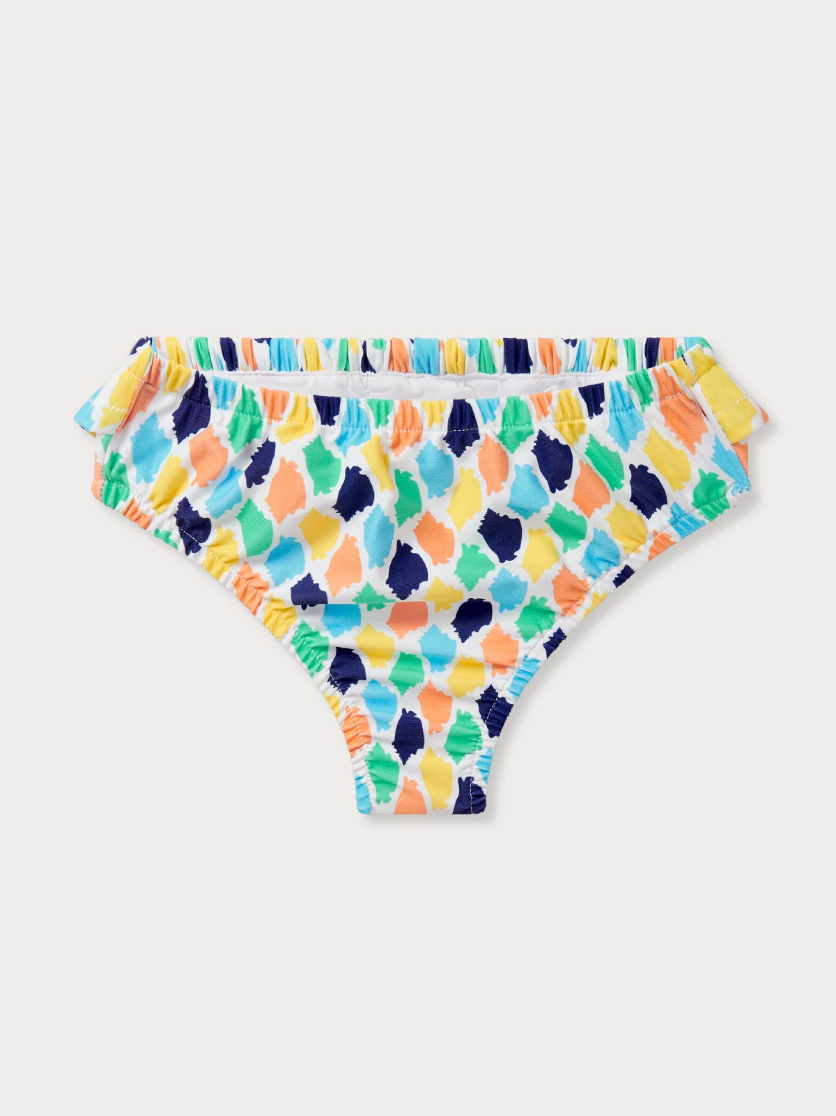 Multicolored bikini bottom with a geometric pattern on a white background
