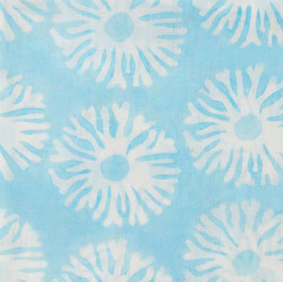 White floral patterns on a light blue background
