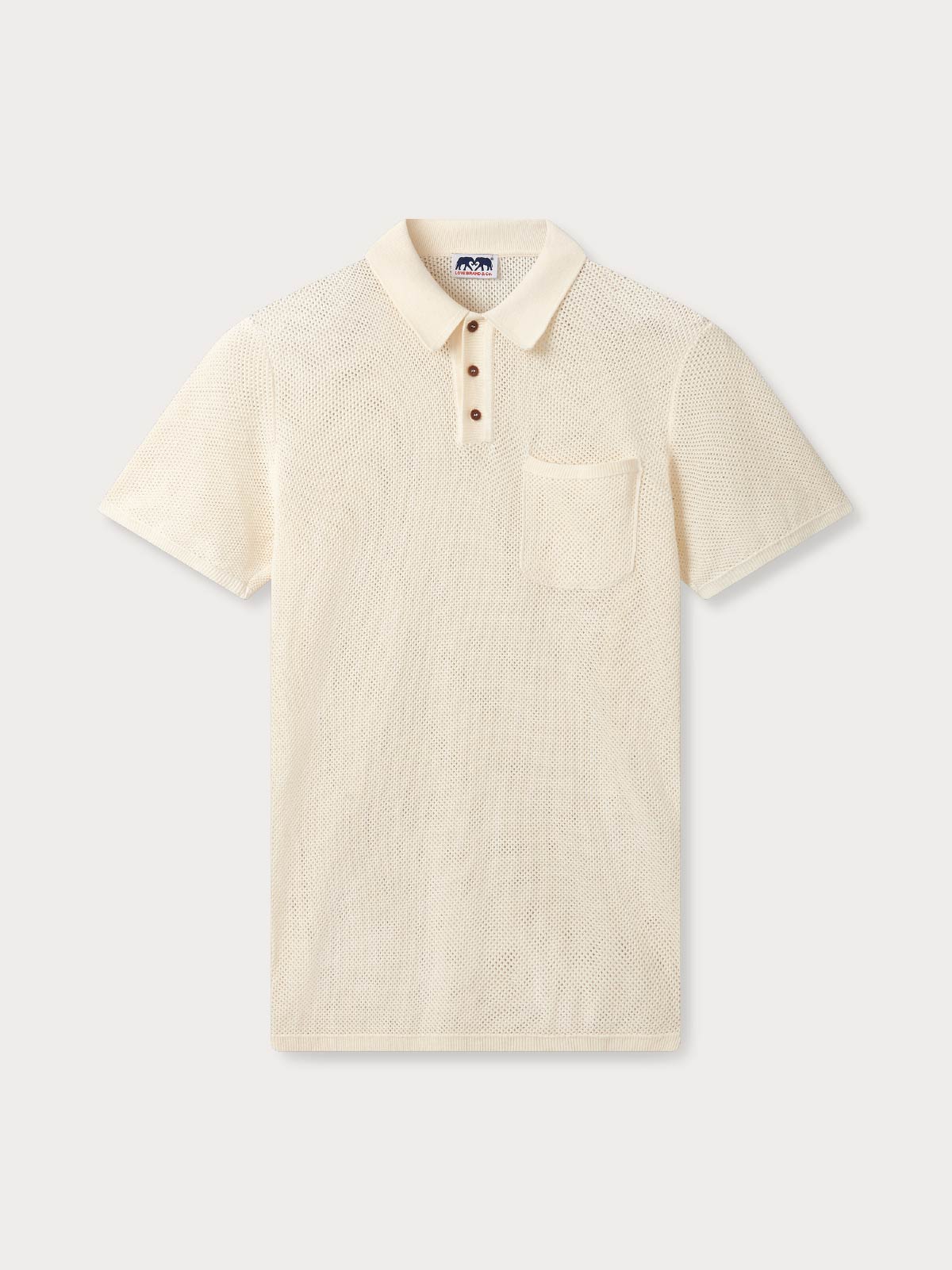 Men's cream knitted polo shirt with left breast pocket on a white background