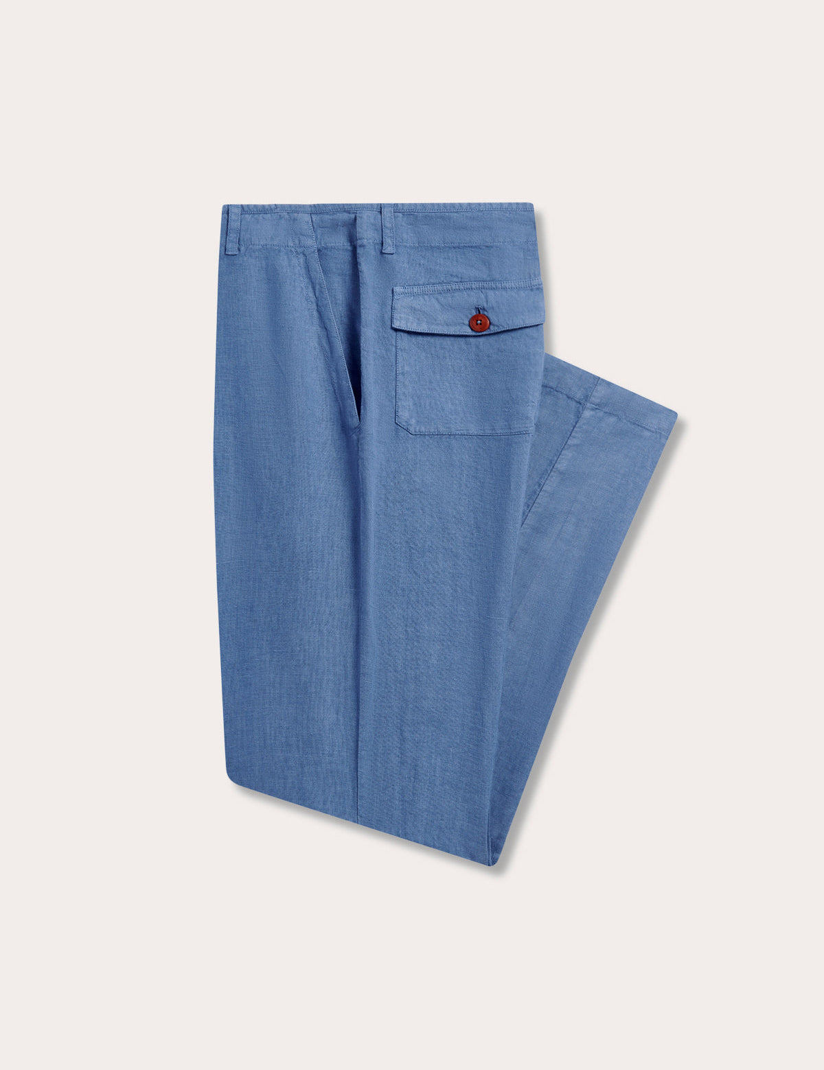 Mens linen bottoms side view featuring side and back pocket. Linen clothing for men perfect for old money styling.