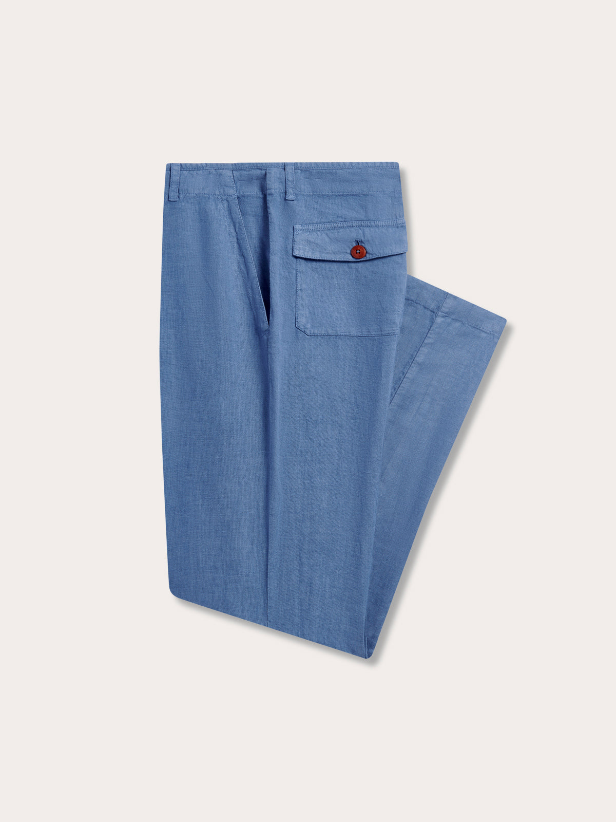 Mens linen bottoms side view featuring side and back pocket. Linen clothing for men perfect for old money styling.